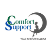 Logo of Comfort Support with a silhouette of a person sitting on a crescent moon on a white background.